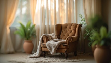 Aufkleber - Blurred View of a Cozy Reading Nook Highlighting Natural Light, Indoor Plants, a Comfortable Chair, and Soft Materials in Warm Tones.