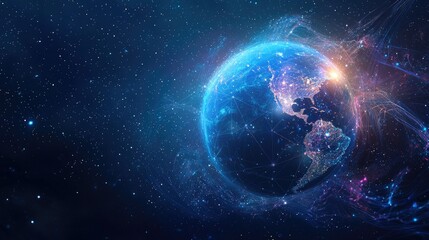 Poster - A futuristic planet Earth surrounded by swirling light, representing connection and innovation