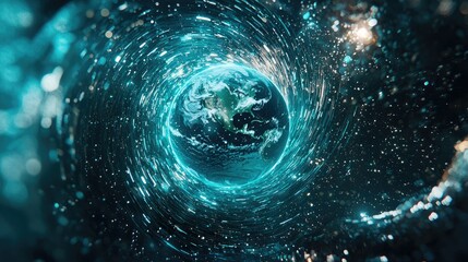 Poster - A futuristic planet Earth surrounded by swirling light, representing connection and innovation