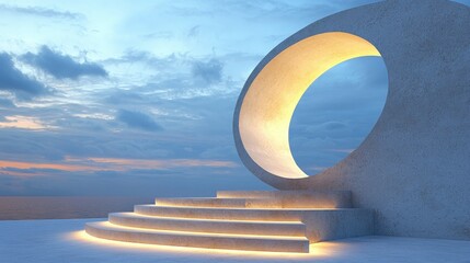 Poster - A futuristic staircase leading to a glowing keyhole-shaped portal, surrounded by soft blue and gold lights at dusk