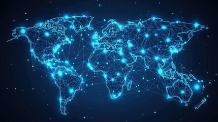 Poster - A futuristic world map with neon blue dots and lines, representing international connectivityb