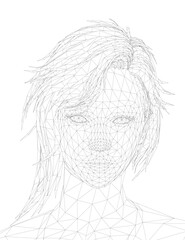 Poster - A woman's face is drawn in a wireframe pattern. The image is black and white, and the woman's hair is long. The drawing appears to be abstract and artistic, with a sense of movement and texture