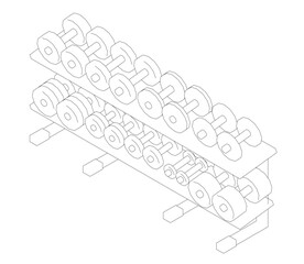 Poster - A set of dumbbells are lined up on a rack. The rack is made of wood and has a metal base. The dumbbells are of various sizes and are arranged in a neat row. Isometric view