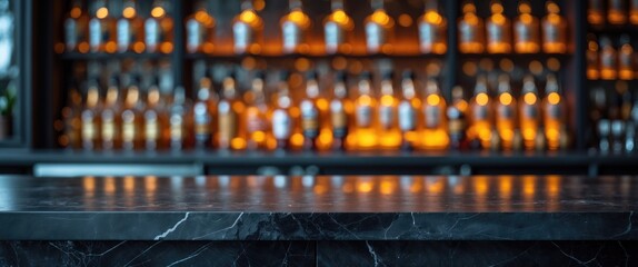 Poster - Bokeh shelves showcasing alcohol bottles set against a grey table top. Bar idea.