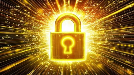Poster - A glowing digital padlock surrounded by binary code and interconnected data streams, symbolizing cybersecurity.