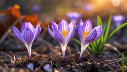 Aufkleber - Amidst a calm forest, delicate purple crocuses break through the earth, their colorful petals unfurling to receive the gentle rays of spring.
