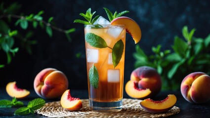 Aufkleber - Iced peach tea with mint in a tall glass. Vegan homemade cold summer beverage against a dark backdrop with fresh fruits. Front view.
