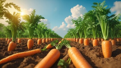 Aufkleber - Carrot plants in green rows across an agricultural landscape