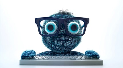 Cute coding character at keyboard.