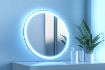 Poster - Modern illuminated mirror with plants in a stylish interior setting