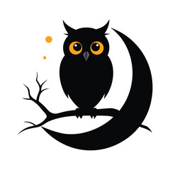 Silhouetted Owl On Crescent Moon Branch Under Starry Night Sky
