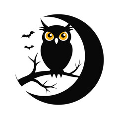 Silhouetted Owl On Crescent Moon Branch Under Starry Night Sky