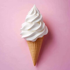 Poster - Creamy delight of vanilla ice cream cone on a pastel pink background capturing sweet summer treat with soft light and minimalist style