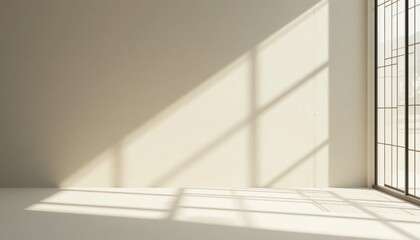 Poster - Morning light creating dramatic shadows in minimalist room interior design calm environment bright viewpoint concept of tranquility