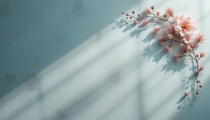Poster - Elegant floral arrangement sunlit on soft blue wall nature photography calm atmosphere close-up view aesthetic composition
