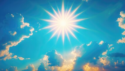 Wall Mural - Bright summer sky with white clouds and sun reflections, creating a warm atmosphere.