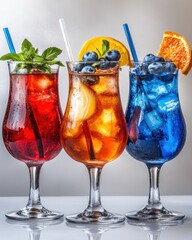 Poster - Colorful summer cocktails with fresh fruit and ice cubes in elegant glasses on a reflective surface