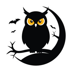 Silhouetted Owl On Crescent Moon Branch Under Starry Night Sky