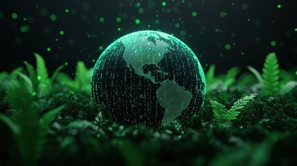 Poster - Green Digital Globe with Data Streams Surrounded by Lush Ferns and Nature Elements for Eco-Friendly Concepts