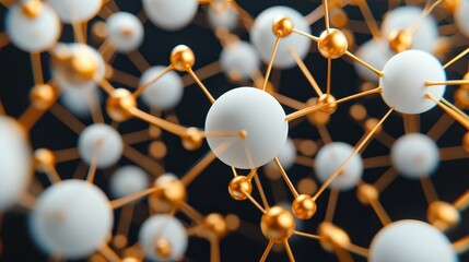 Poster - Abstract Representation of Molecular Structures With Golden Atoms and White Spheres on Dark Background