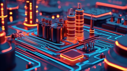 Poster - Futuristic Industrial Architecture on Circuit Board with Neon Lights and High-Tech Design Elements