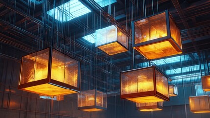 Poster - An artistic view of multiple  hanging from a ceiling in a studio or venue, with their sleek shapes and cables creating a visually interesting pattern.