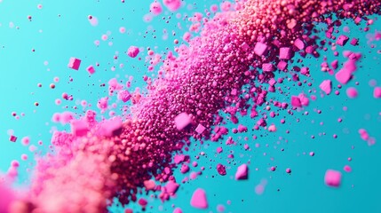 Poster - Vibrant Pink Particles in Motion Against a Bright Blue Background Creating a Dynamic Visual Display