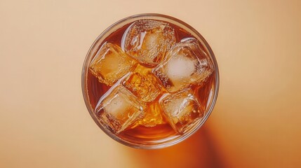 Poster - Refreshing cold beverage with ice cubes in glass on warm background top view for summer drink concept