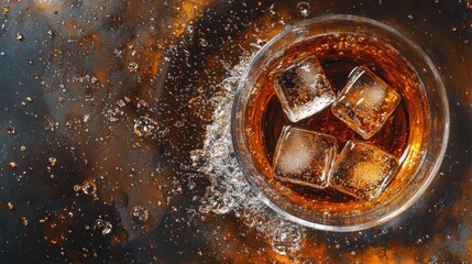 Poster - Refreshing amber beverage with ice cubes in glass on textured dark background with water droplets