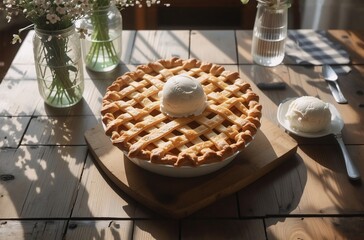 Poster - A rustic wooden table holds a golden-brown apple pie, adorned with a scoop of vanilla ice cream, bathed in sunlight.  The scene is simple yet inviting, perfect for a cozy autumn day.
