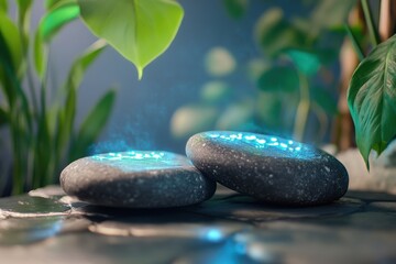 Poster - Decorative stones with glowing patterns in a serene indoor garden setting