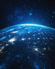 Poster - Stunning aerial view of Earth at night showcasing city lights against a backdrop of stars and space