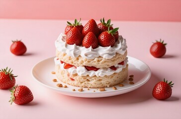 Poster - Here's the description and keywords:

A delicious, layered dessert features ripe red strawberries, fluffy white cream, and a delicate cake. The treat is presented on a plate with scattered, fresh frui
