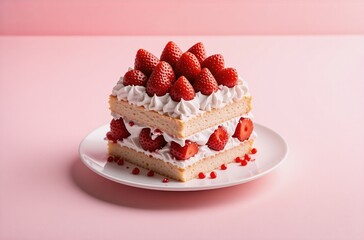 Poster - A delectable strawberry shortcake, layered with fluffy whipped cream and juicy strawberries, sits on a white plate against a soft pink background.  The dessert is adorned with fresh berries and tiny r