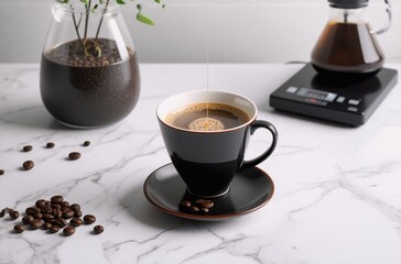 Poster - Freshly brewed dark coffee drips into a black mug. Hints of coffee beans are visible, along with a glass vessel and scales, all set on a marbled surface. A perfect start to the day!