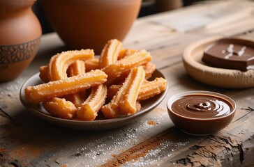 Aufkleber - Image: A close-up shows golden, crispy churros dusted with sugar, served with a rich chocolate dipping sauce on a wooden surface. Hints: Spanish cuisine, dessert, and delicious.