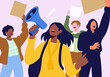 © Connect Images - Illustration of diverse group of animated people protesting with signs and a megaphone outdoors.