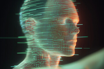 Poster - Digital Human: A mesmerizing 3D digital rendering of a human head, showcasing the intricate architecture of data and technology, reflecting the intersection of art and artificial intelligence.
