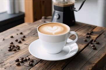 Poster - A white cup of latte art sits on a rustic wooden table, scattered coffee beans nearby. A coffee maker is softly blurred in the background, adding to the cozy cafe ambiance.