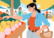 © Connect Images - Illustration of a woman and other people shopping at a vibrant outdoor market with a basket in sunny weather.