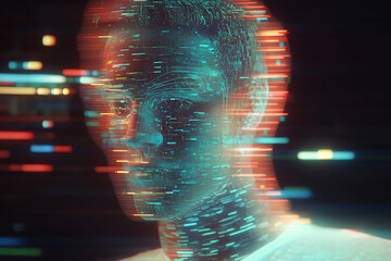 Poster - Digital human head in neon style: A futuristic, neon-lit head emerges from a captivating digital display, its features subtly suggested by fragmented lines and an aura of artificial intelligence.