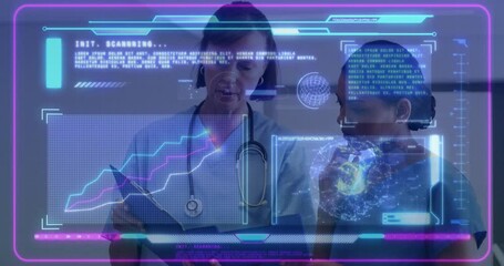 Poster - In school, doctors using animation on transparent screens analyzing medical data