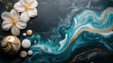 Poster - Elegant floral arrangement with marble and gold accents creating a serene and luxurious ambiance perfect for design projects and creative backgrounds