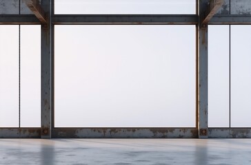 Poster - A minimalist interior featuring a large, blank window framed by rusty metal beams.  The concrete floor reflects the soft, diffused light.  The scene evokes a sense of spaciousness and industrial-chic 