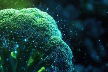 Poster - Broccoli with glowing connections in a dark, abstract setting showcasing nature and technology