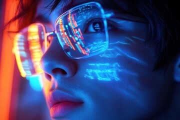 Poster - Young person with glasses observing colorful digital projections at night
