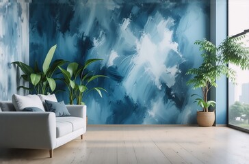 Poster - Serene living room features a large abstract blue and white watercolor mural, complemented by light gray sofa and lush potted plants near a bright window.  The minimalist design creates a calming atmo