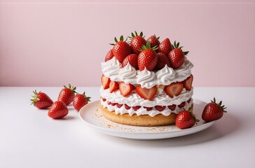 Poster - A delightful strawberry shortcake sits on a white plate against a pale pink background.  Fresh strawberries adorn the layers of whipped cream and cake.