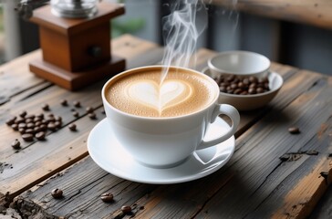 Aufkleber - Steaming latte art in a white cup sits on a rustic wooden table with coffee beans and a grinder nearby.  The warm, inviting scene evokes feelings of comfort and relaxation.