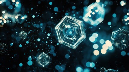 Poster - Illuminated geometric shapes suspended in a dark and bokeh filled background